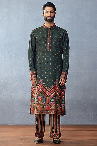 Green Cotton Silk Digital Printed Kurta Set by Torani Men