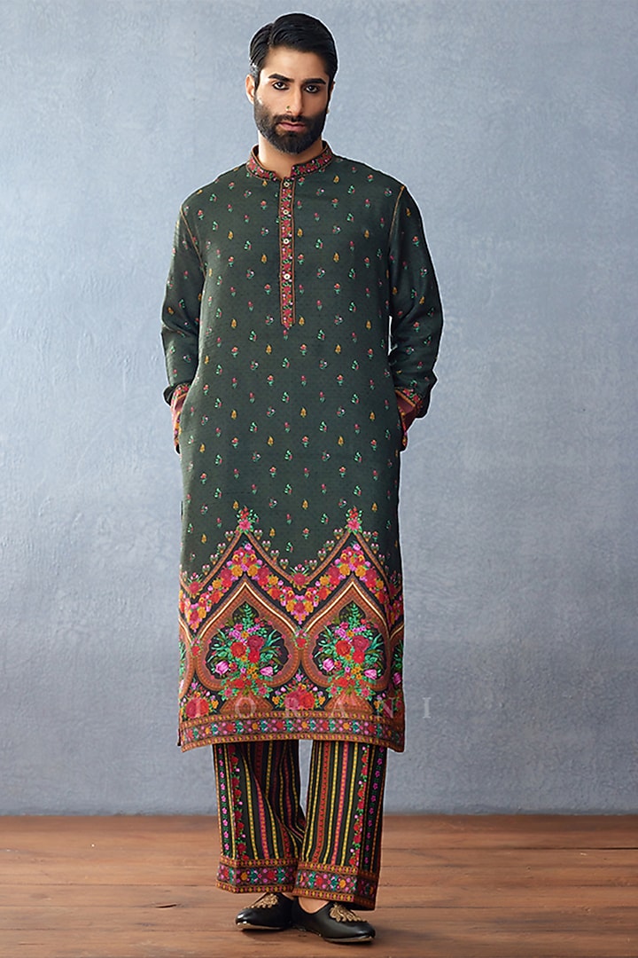 Green Cotton Silk Digital Printed Kurta Set by Torani Men at Pernia's Pop Up Shop