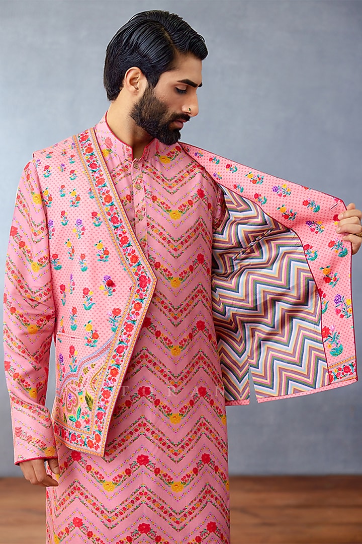 Pink Jeni Silk & South Silk Slub Digital Printed Bundi Set by Torani Men at Pernia's Pop Up Shop