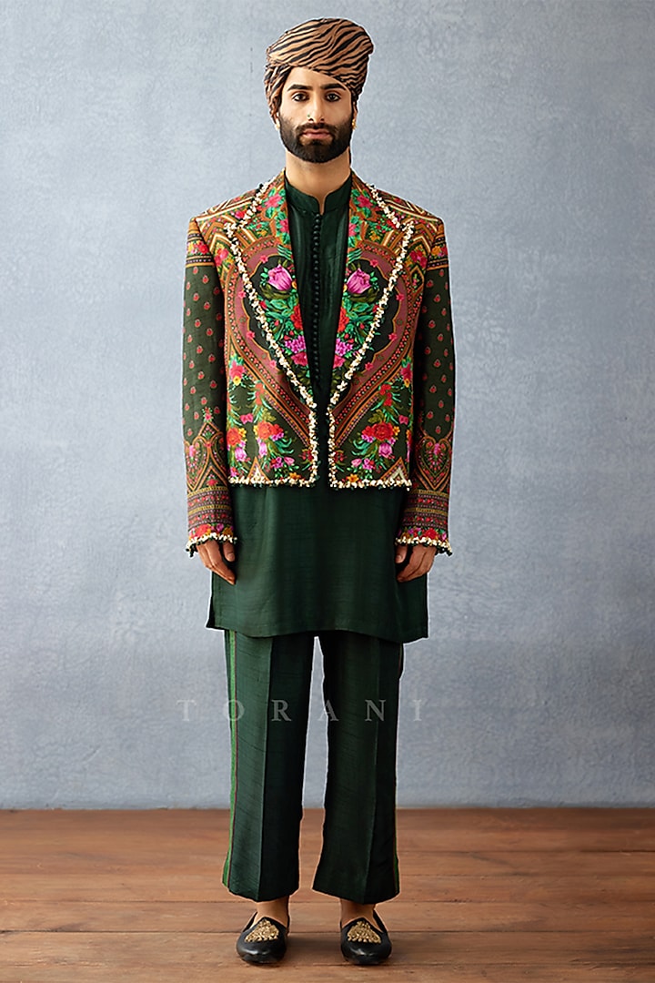 Green Jeni Silk Digital Printed Jacket Set by Torani Men