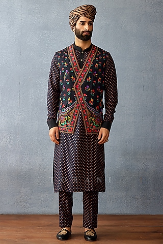 Black Jeni Silk & Cotton Silk Digital Printed Bundi Set by Torani Men