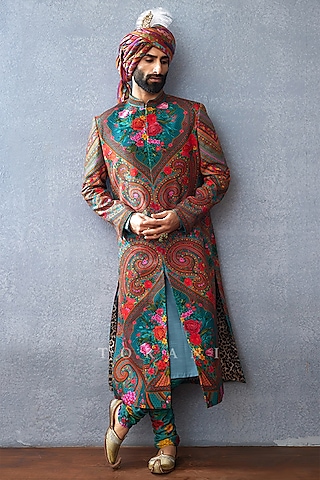 Aqua Jeni Silk & South Silk Slub Digital Printed Sherwani Set by Torani Men