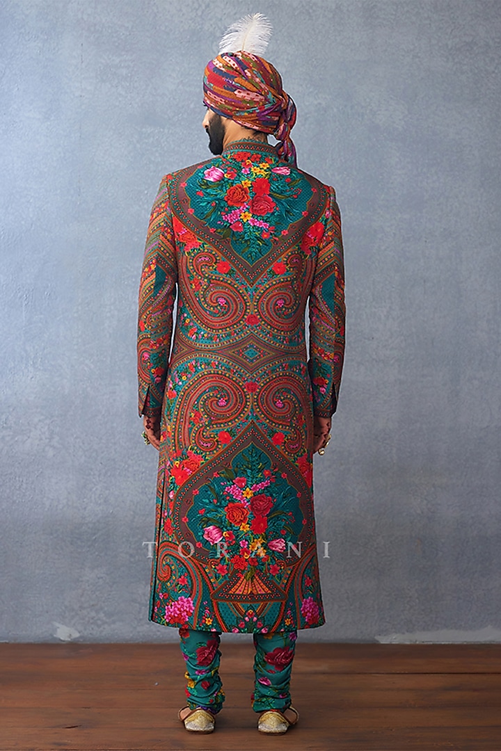 Aqua Jeni Silk & South Silk Slub Digital Printed Wedding Sherwani Set by Torani Men at Pernia's Pop Up Shop