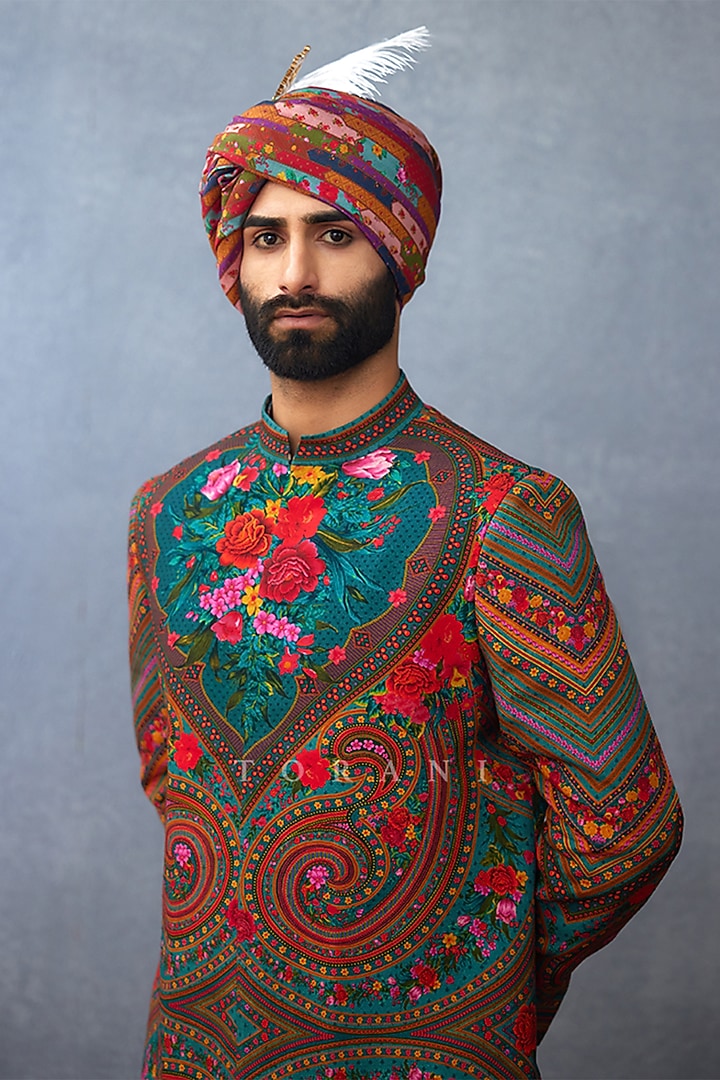 Aqua Jeni Silk & South Silk Slub Digital Printed Wedding Sherwani Set by Torani Men at Pernia's Pop Up Shop
