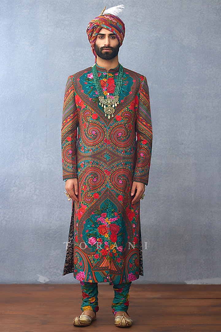 Aqua Jeni Silk & South Silk Slub Digital Printed Wedding Sherwani Set by Torani Men at Pernia's Pop Up Shop