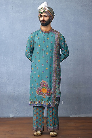 Aqua Jeni Silk Digital Printed Kurta Set by Torani Men