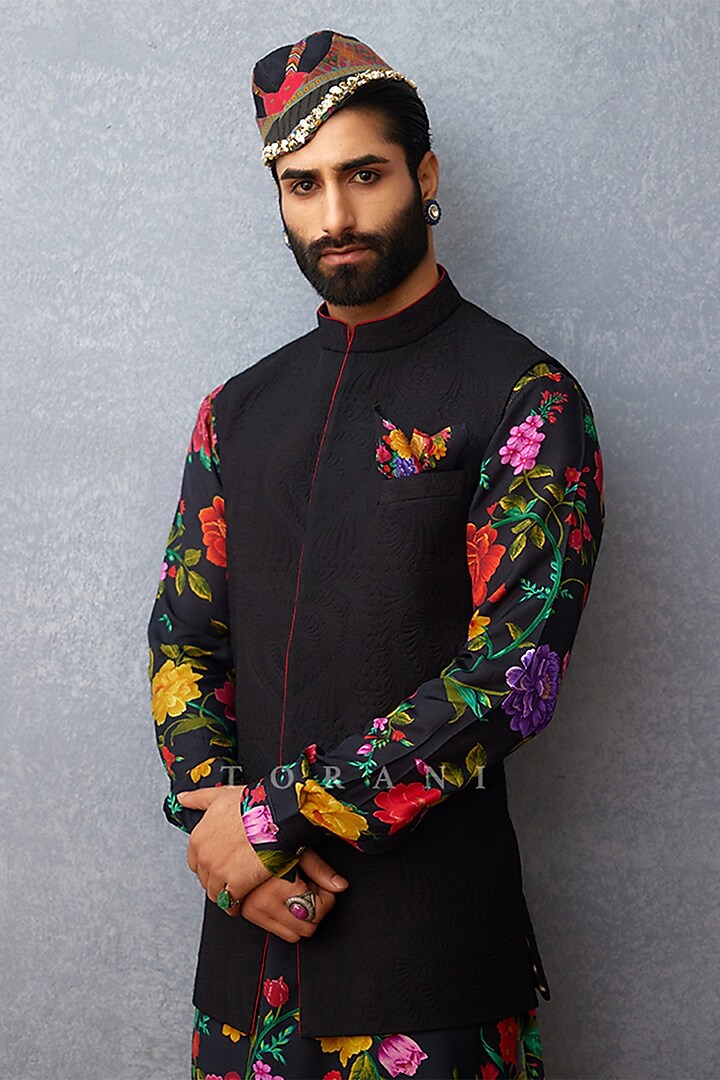 Black Cotton Silk & South Silk Slub Digital Printed Bundi Jacket With Kurta Set by Torani Men at Pernia's Pop Up Shop
