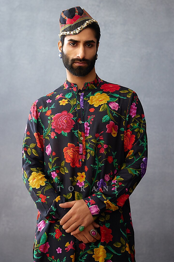 Black Cotton Silk & South Silk Slub Digital Printed Bundi Jacket With Kurta Set by Torani Men at Pernia's Pop Up Shop