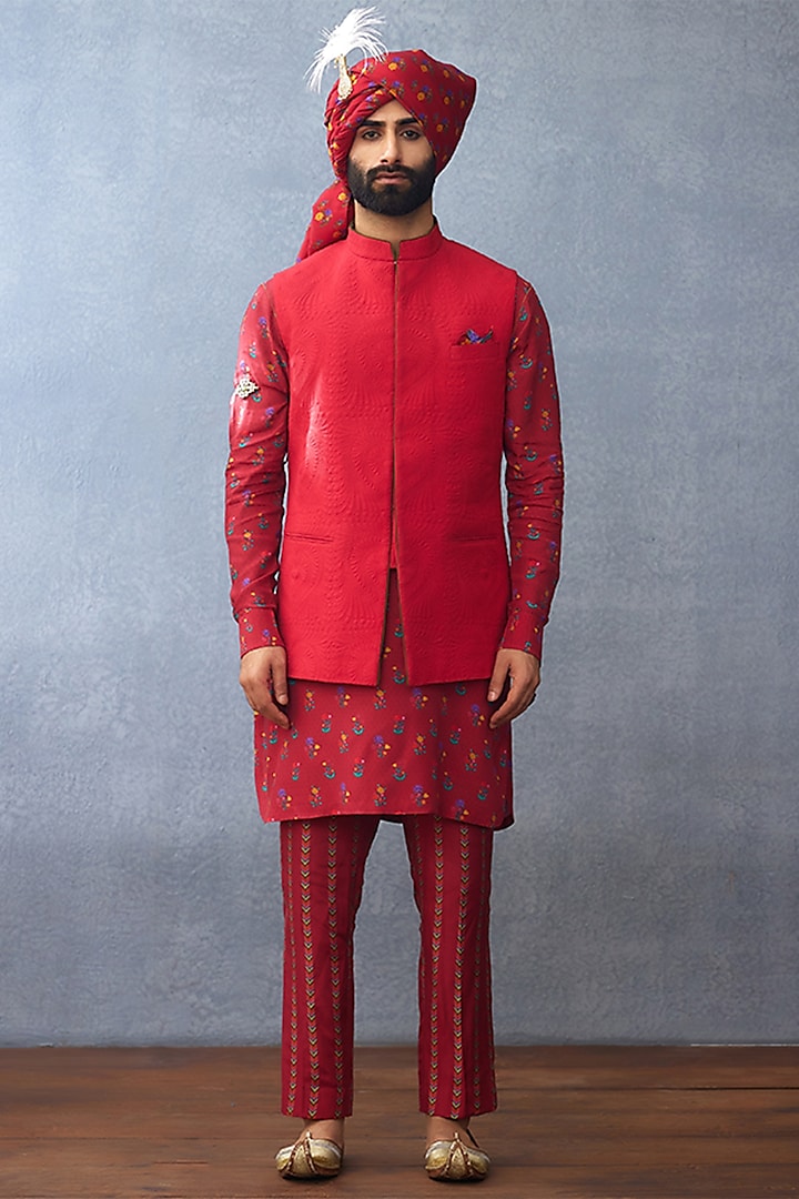 Maroon Cotton Silk & South Silk Slub Digital Printed Bundi Jacket With Kurta Set by Torani Men
