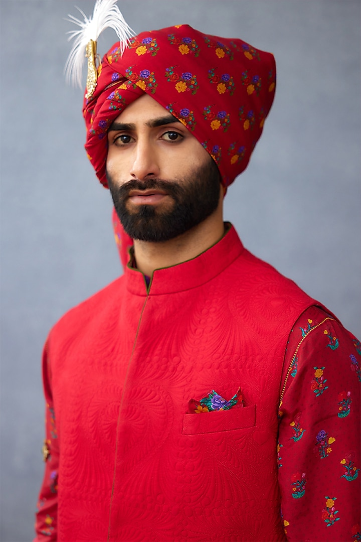 Maroon Cotton Silk & South Silk Slub Digital Printed Bundi Jacket With Kurta Set by Torani Men at Pernia's Pop Up Shop