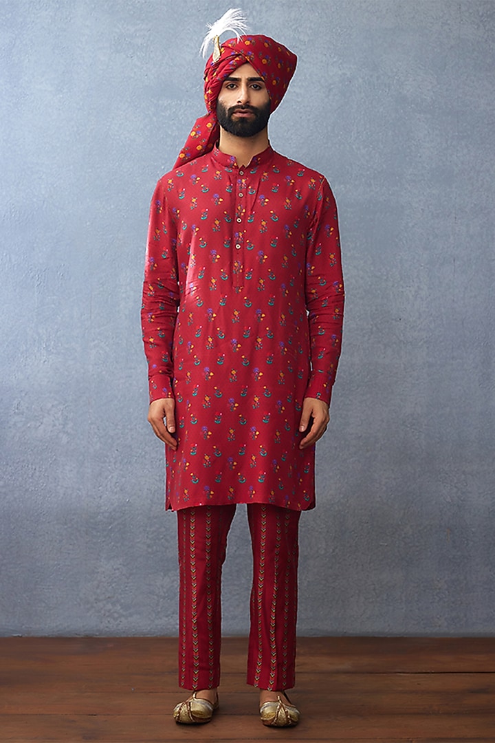 Maroon Cotton Silk & South Silk Slub Digital Printed Bundi Jacket With Kurta Set by Torani Men at Pernia's Pop Up Shop