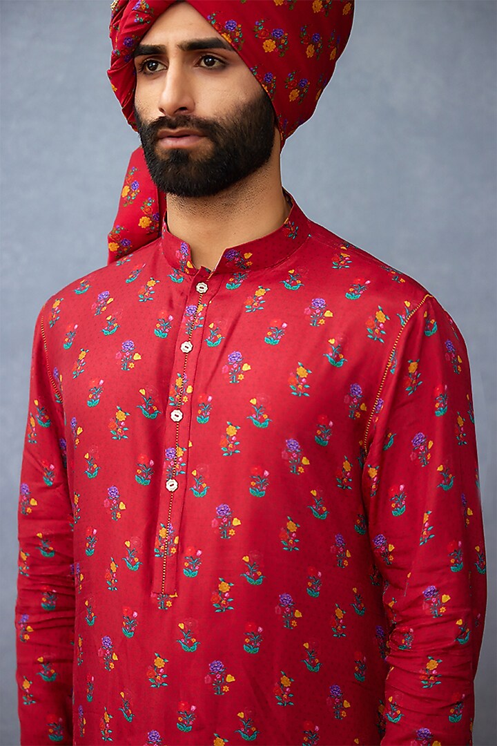 Maroon Cotton Silk & South Silk Slub Digital Printed Bundi Jacket With Kurta Set by Torani Men at Pernia's Pop Up Shop