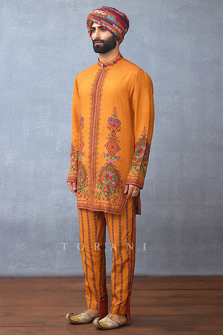 Yellow Jeni Silk Digital Printed Kurta Set by Torani Men at Pernia's Pop Up Shop