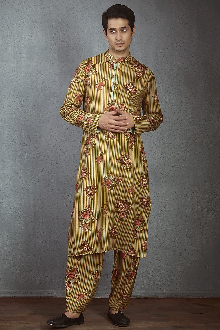 Yellow Striped Printed Kurta Set by Torani Men at Pernia's Pop Up Shop