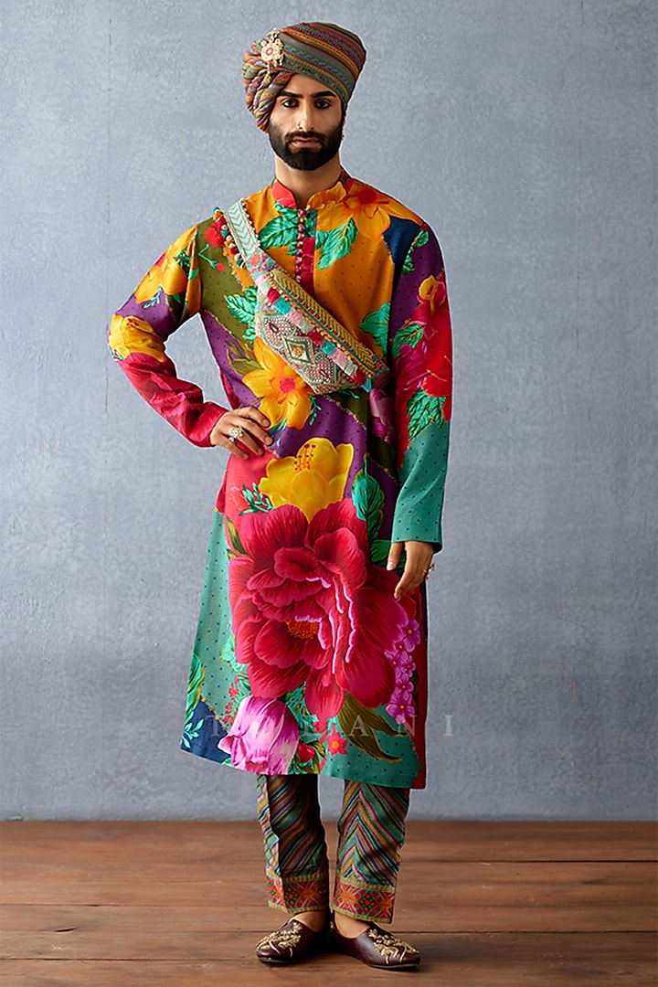 Multi-Colored Jeni Silk Digital Printed Kurta Set by Torani Men