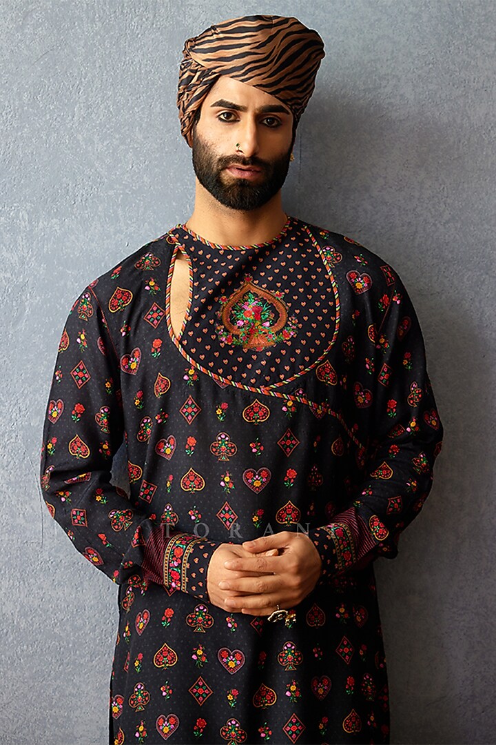 Black South Silk Slub Digital Printed Kurta Set by Torani Men at Pernia's Pop Up Shop