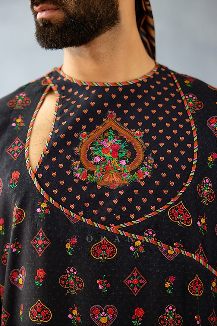 Black South Silk Slub Digital Printed Kurta Set by Torani Men at Pernia's Pop Up Shop
