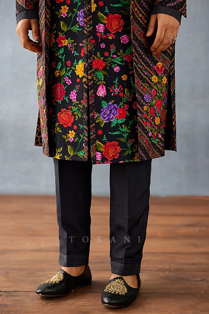 Black Jeni Silk & South Silk Slub Digital Printed Jacket Set by Torani Men at Pernia's Pop Up Shop