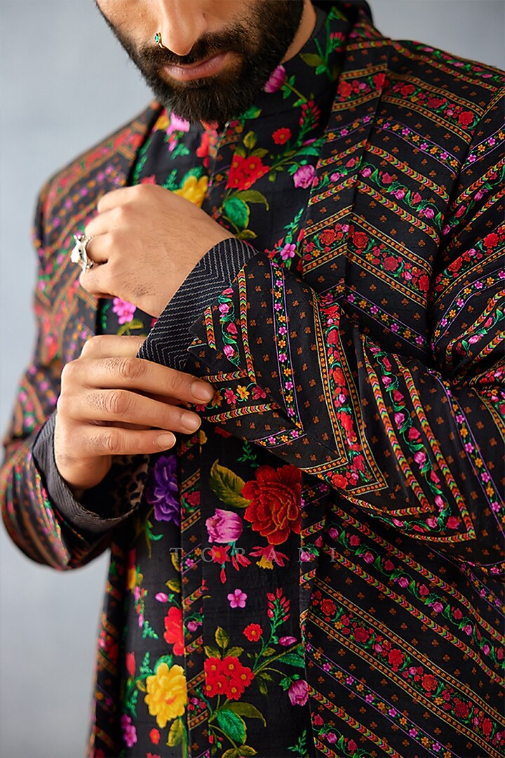 Black Jeni Silk & South Silk Slub Digital Printed Jacket Set by Torani Men at Pernia's Pop Up Shop