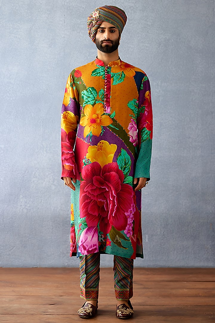 Multi-Colored Jeni Silk Digital Printed Kurta Set by Torani Men
