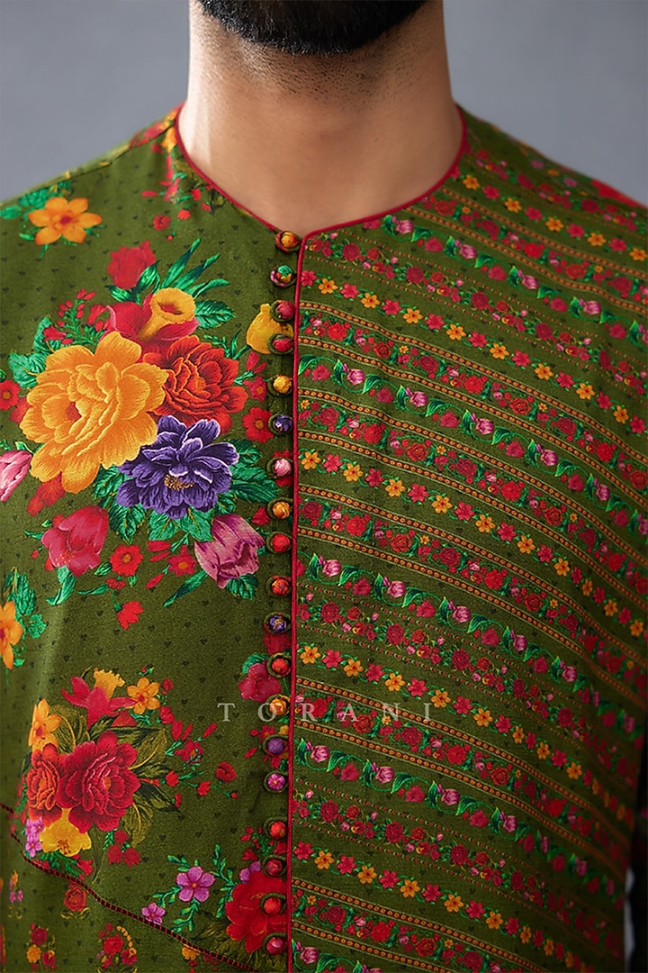 Green Jeni Silk Digital Printed Kurta Set by Torani Men at Pernia's Pop Up Shop