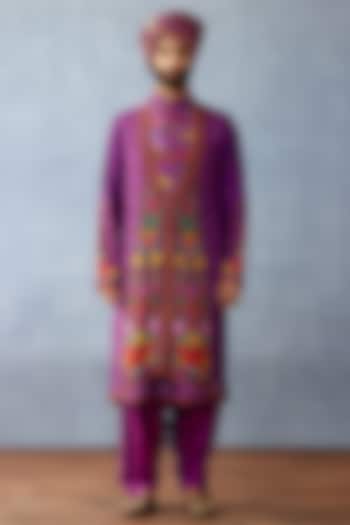 Purple Jeni Silk & South Silk Slub Digital Printed Kurta Set by Torani Men