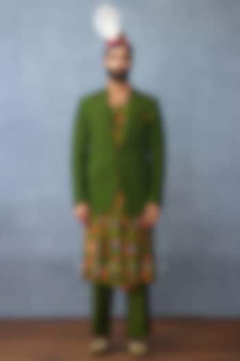 Green Jeni Silk & Muslin Silk Jacket Set by Torani Men