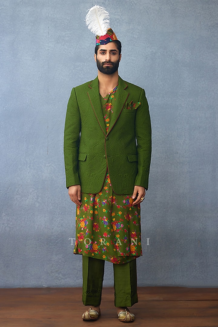 Green Jeni Silk & Muslin Silk Jacket Set by Torani Men