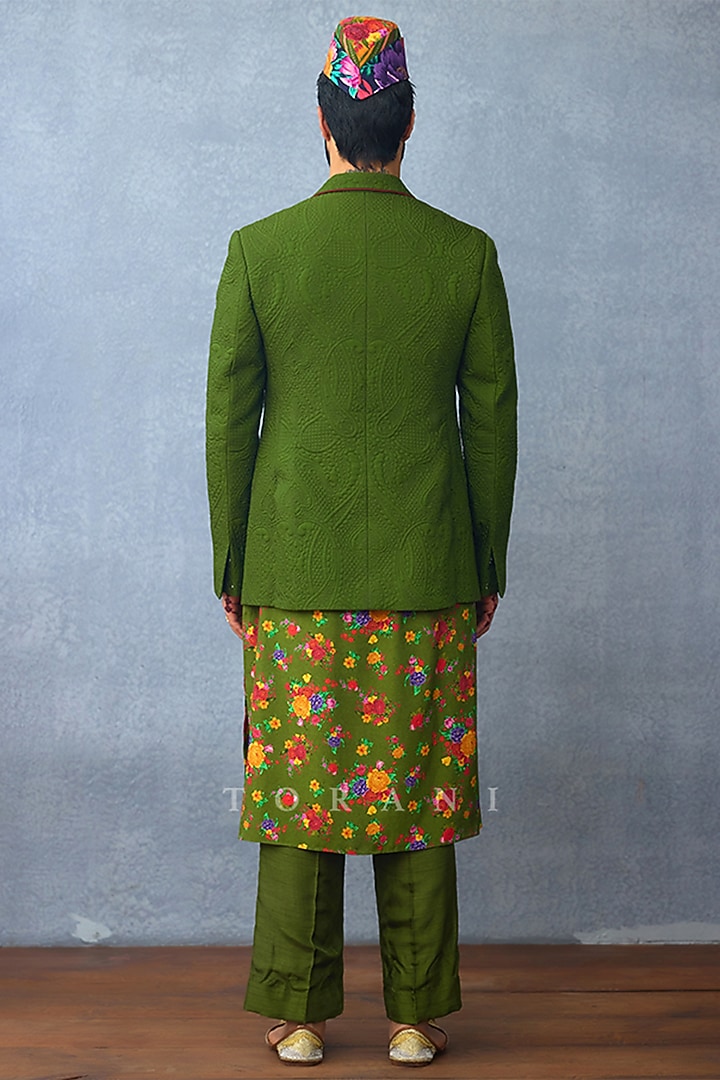 Green Jeni Silk & Muslin Silk Jacket Set by Torani Men at Pernia's Pop Up Shop
