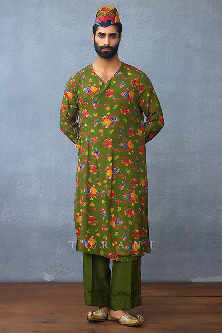 Green Jeni Silk & Muslin Silk Jacket Set by Torani Men at Pernia's Pop Up Shop