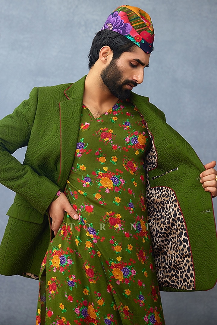 Green Jeni Silk & Muslin Silk Jacket Set by Torani Men at Pernia's Pop Up Shop