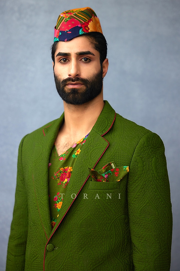 Green Jeni Silk & Muslin Silk Jacket Set by Torani Men at Pernia's Pop Up Shop