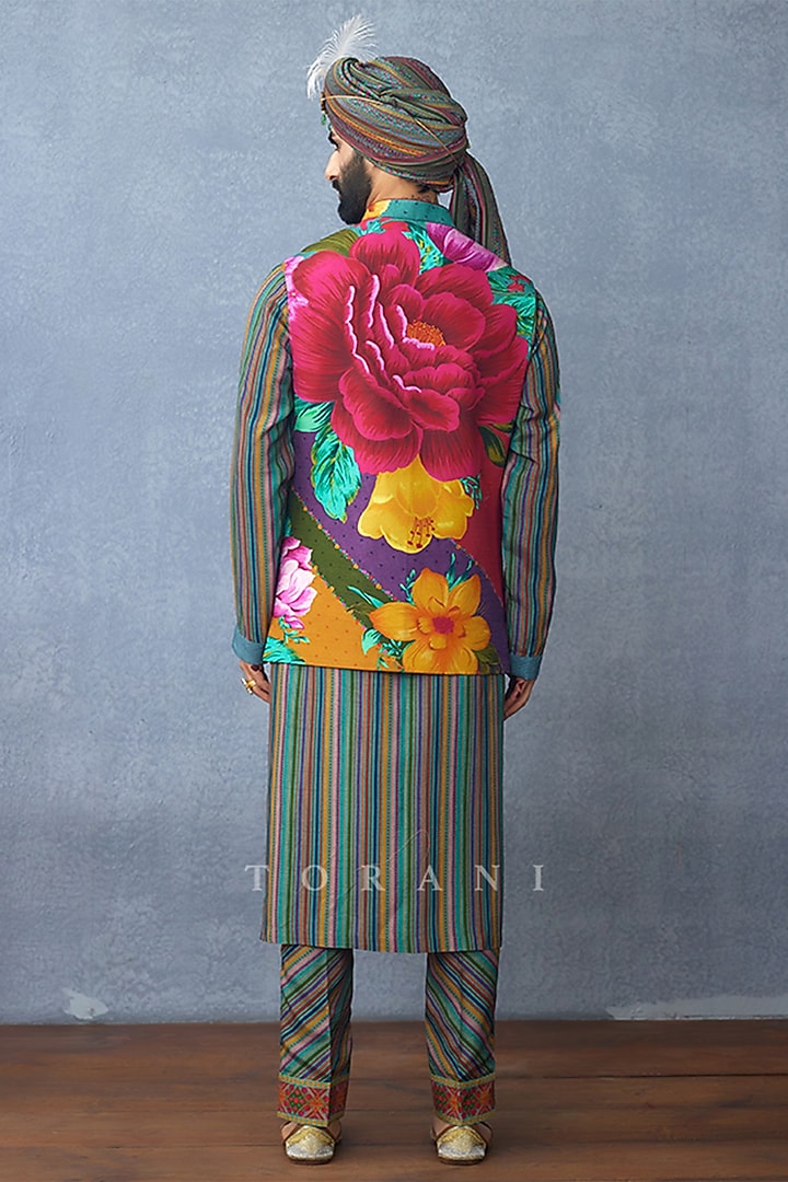 Multi-Colored Jeni Silk Digital Printed Bundi Jacket Set by Torani Men at Pernia's Pop Up Shop