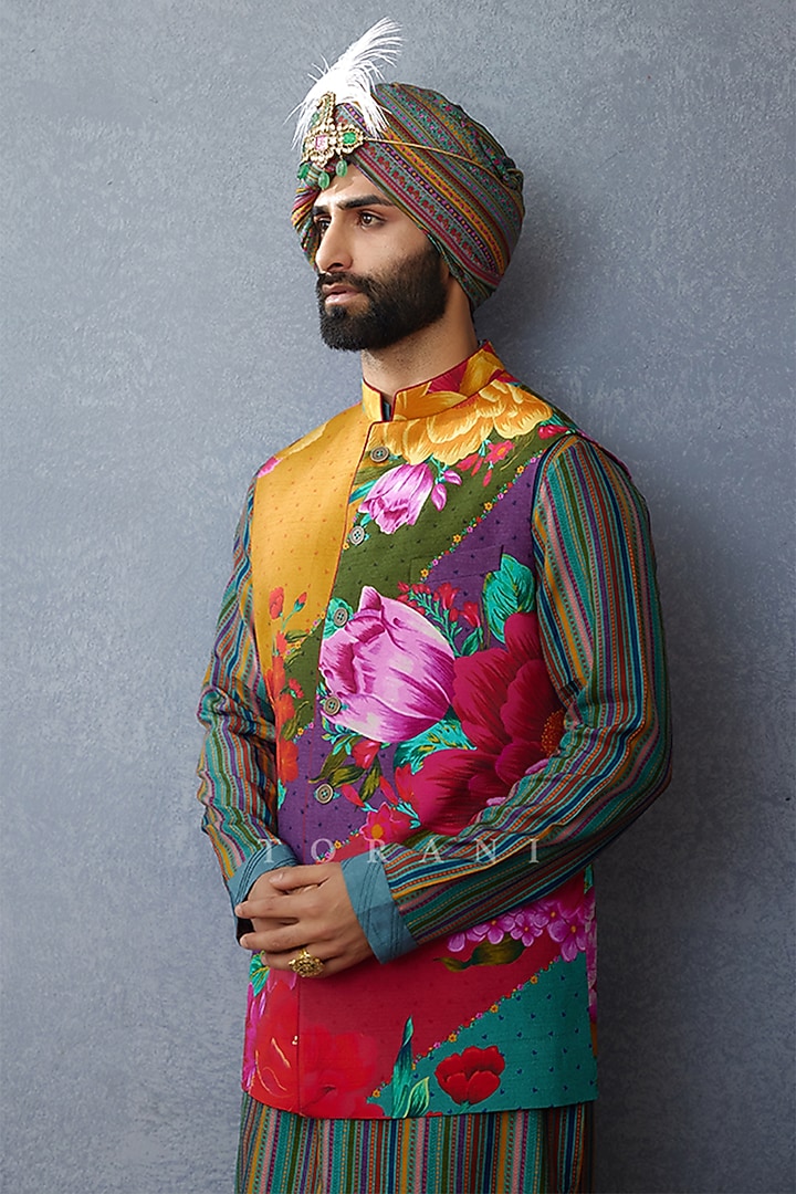 Multi-Colored Jeni Silk Digital Printed Bundi Jacket Set by Torani Men at Pernia's Pop Up Shop