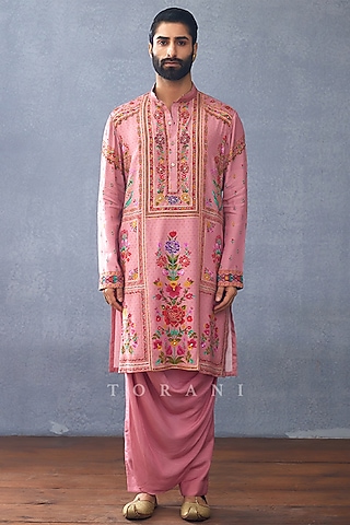 Pink South Silk Slub Digital Printed Kurta Set by Torani Men