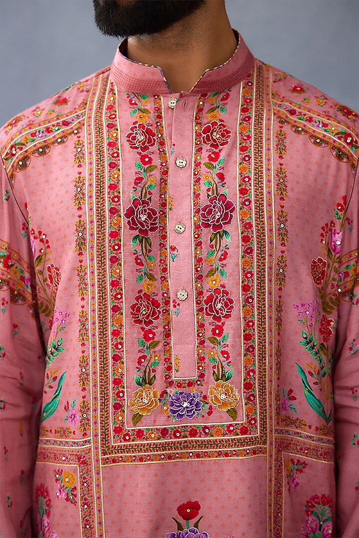 Pink South Silk Slub Digital Printed Kurta Set by Torani Men at Pernia's Pop Up Shop