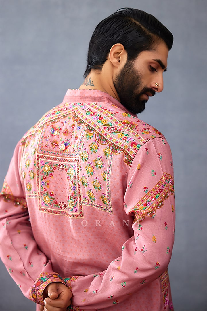 Pink South Silk Slub Digital Printed Kurta Set by Torani Men at Pernia's Pop Up Shop