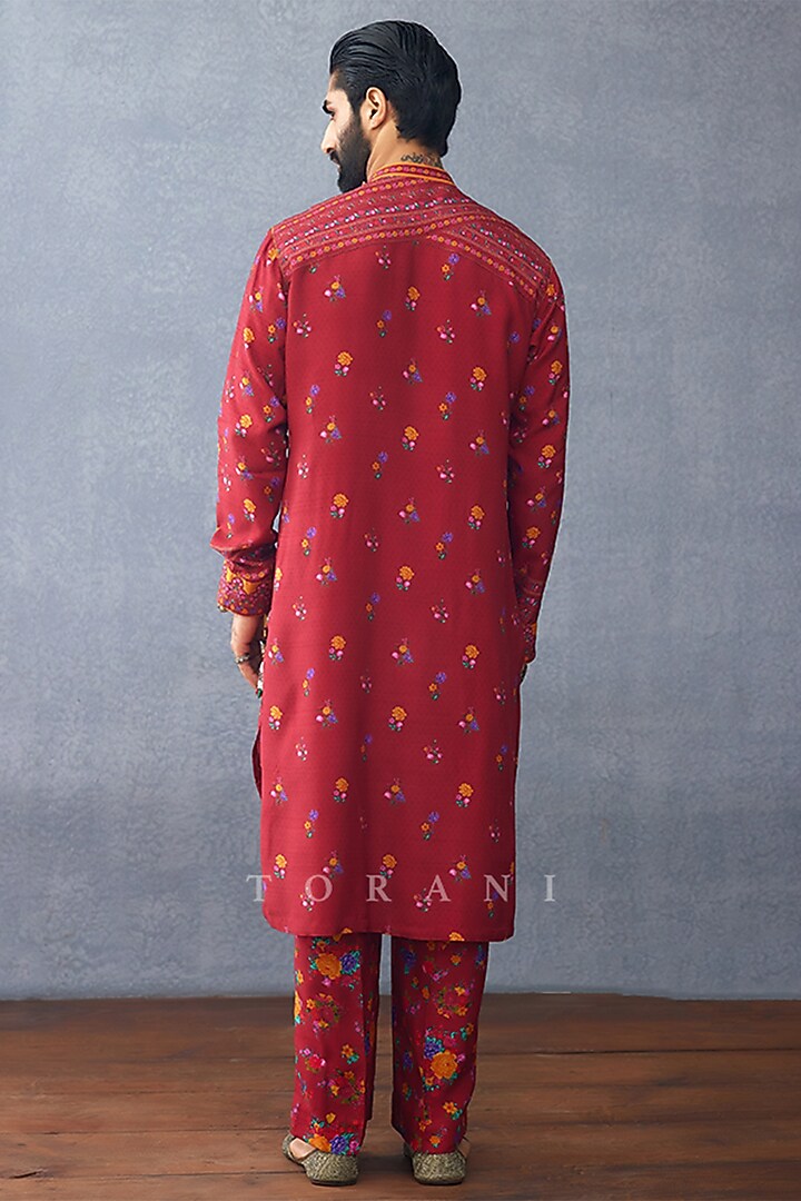 Red Slub Silk Digital Printed Kurta Set by Torani Men at Pernia's Pop Up Shop
