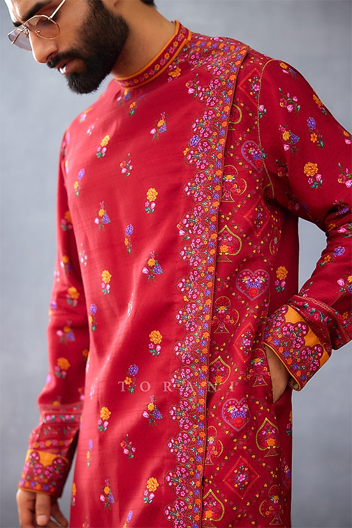 Red Slub Silk Digital Printed Kurta Set by Torani Men at Pernia's Pop Up Shop