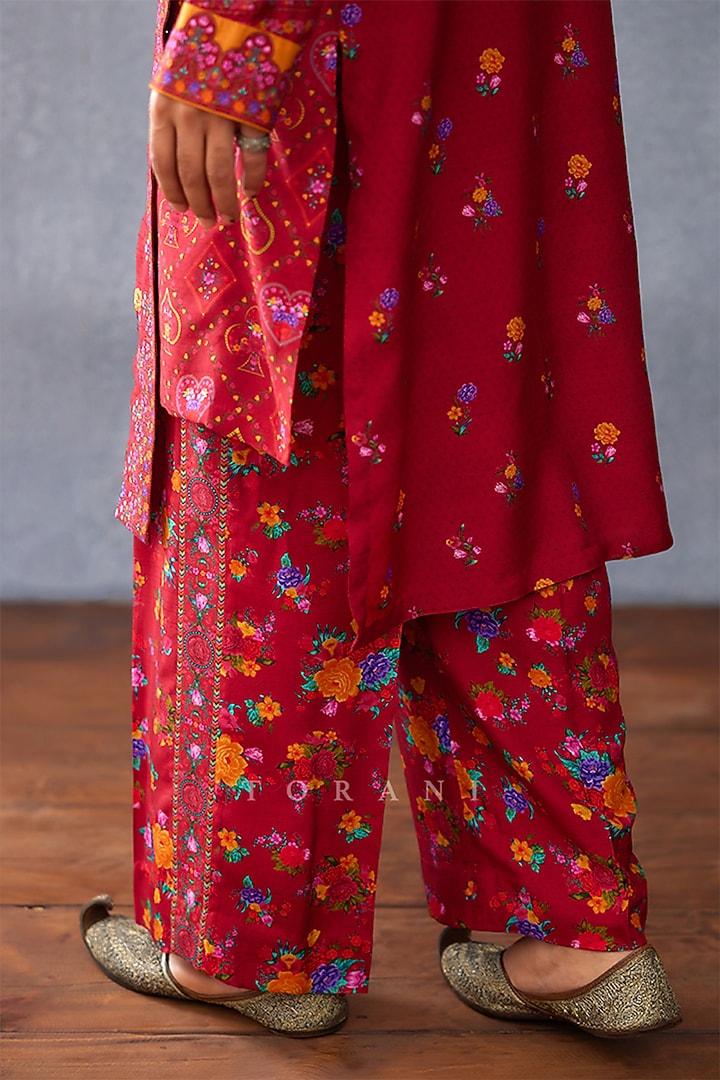 Red Slub Silk Digital Printed Kurta Set by Torani Men at Pernia's Pop Up Shop