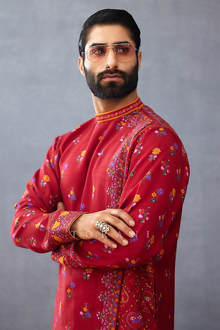 Red Slub Silk Digital Printed Kurta Set by Torani Men at Pernia's Pop Up Shop