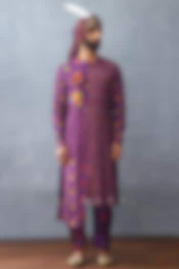 Purple Jeni Silk Digital Printed Kurta Set by Torani Men