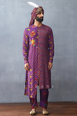 Purple Jeni Silk Digital Printed Kurta Set by Torani Men