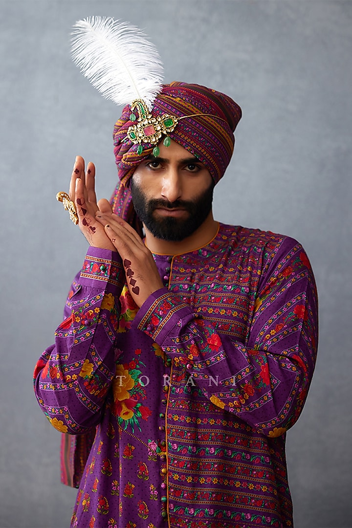 Purple Jeni Silk Digital Printed Kurta Set by Torani Men at Pernia's Pop Up Shop