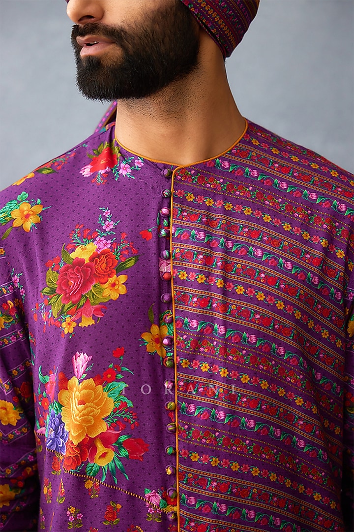 Purple Jeni Silk Digital Printed Kurta Set by Torani Men at Pernia's Pop Up Shop