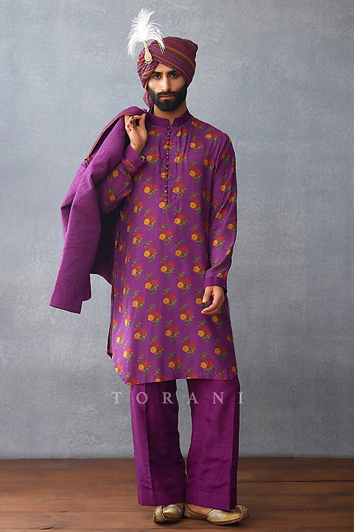 Purple Jeni Silk & Muslin Silk Jacket Set by Torani Men at Pernia's Pop Up Shop