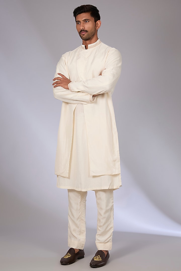 Ivory Cotton Silk & South Silk Slub Bundi Jacket Set by Torani Men