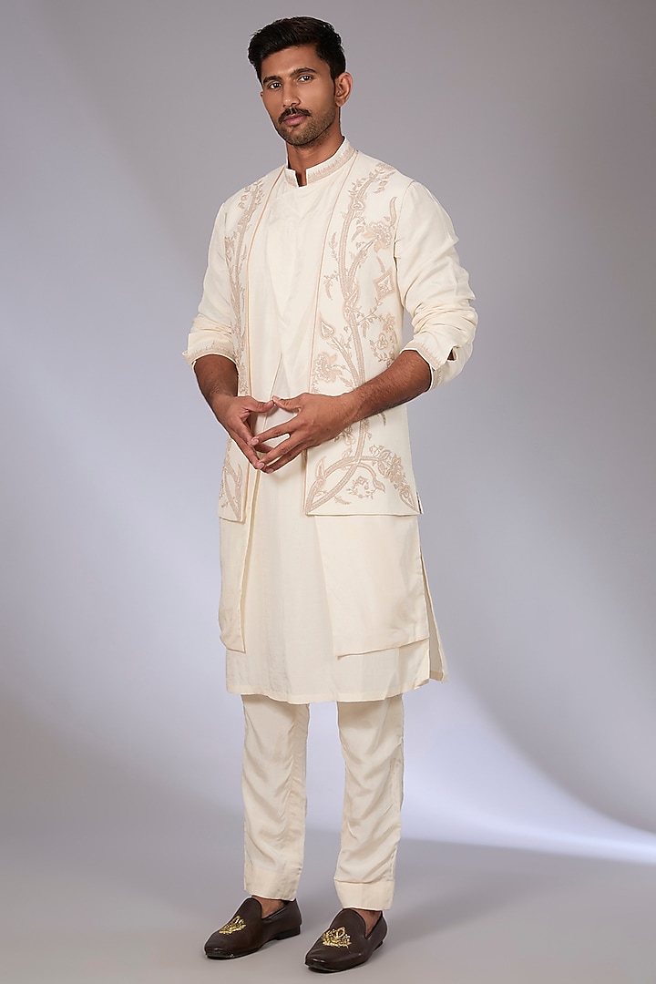 Ivory Cotton Silk & South Silk Slub Bundi Jacket Set by Torani Men at Pernia's Pop Up Shop