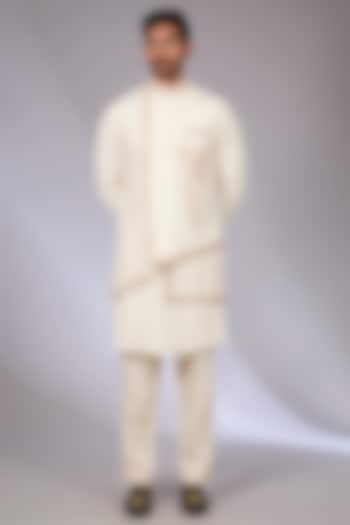 Ivory Cotton Silk & South Silk Slub Bundi Jacket Set by Torani Men