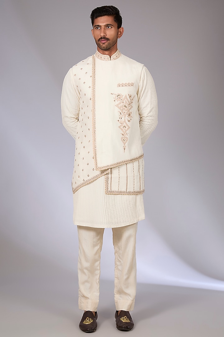Ivory Cotton Silk & South Silk Slub Bundi Jacket Set by Torani Men